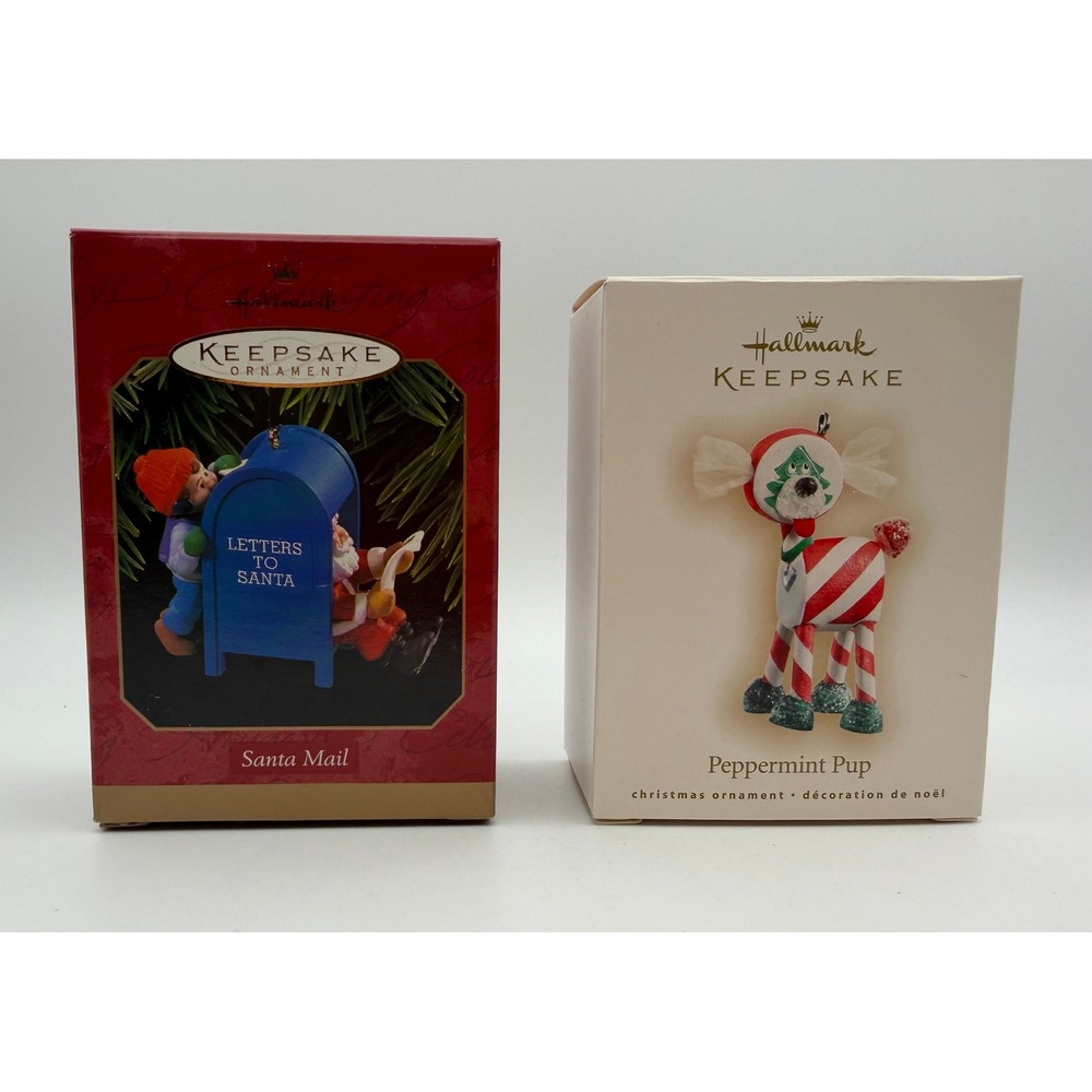 Hallmark Keepsake Ornaments Santa Mail 1997 & Peppermint Pup 2007 Set of 2